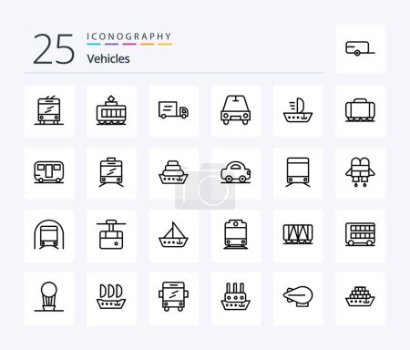 Téléchargez les illustrations : Vehicles 25 Line icon pack including vehicle. railroad. car. vessel. ship - en licence libre de droit
