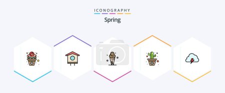 Téléchargez les illustrations : Spring 25 FilledLine icon pack including cloud. line. ice cream. pot. cactus - en licence libre de droit