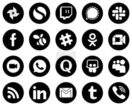 Illustration for 20 Fully Editable White Social Media Icons on Black Background such as video. fb. video and odnoklassniki icons. Premium and high-quality - Royalty Free Image