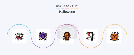 Téléchargez les illustrations : Halloween Line Filled Flat 5 Icon Pack Including pumpkin. face. coffin. halloween butcher knife. bloody knife - en licence libre de droit