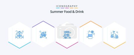Téléchargez les illustrations : Summer Food and Drink 25 Blue icon pack including fruits. juice. vegetable. fruit. holidays - en licence libre de droit
