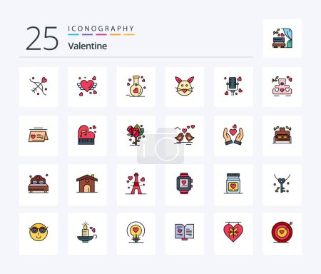 Téléchargez les illustrations : Valentine 25 Line Filled icon pack including talking. cute. flask. love. rabbit - en licence libre de droit