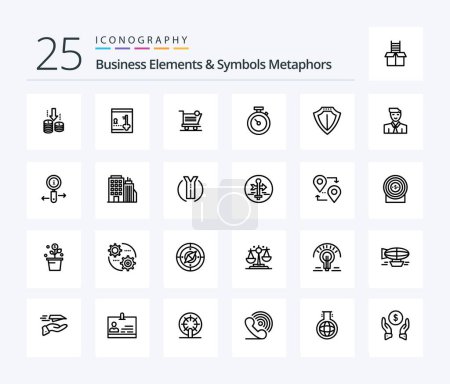 Téléchargez les illustrations : Business Elements And Symbols Metaphors 25 Line icon pack including sheild. watch. cart. stopwatch. store - en licence libre de droit