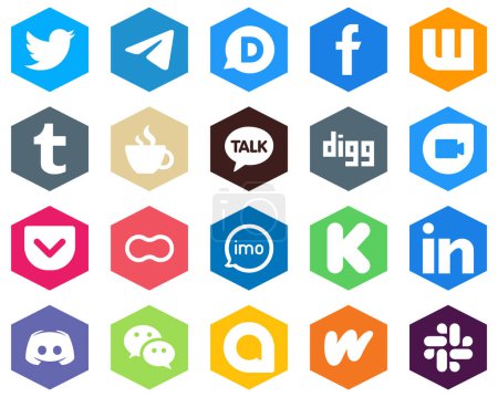 Illustration for 20 Fresh White Icons pocket. digg. kakao talk and streaming Hexagon Flat Color Backgrounds - Royalty Free Image