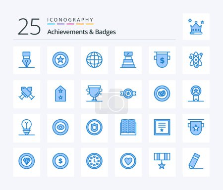 Téléchargez les illustrations : Achievements & Badges 25 Blue Color icon pack including currency. badges. achievement. achievements. success - en licence libre de droit