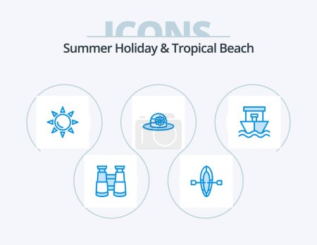 Ilustración de Beach Blue Icon Pack 5 Icon Design. . summer. sun. boat. ship - Imagen libre de derechos