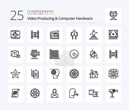 Illustration for Video Producing And Computer Hardware 25 Line icon pack including capture. action. pp. clapperboard. clapboard - Royalty Free Image
