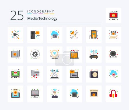 Ilustración de Media Technology 25 Flat Color icon pack including hand touch. antenna radar. film. satellite. cloud - Imagen libre de derechos