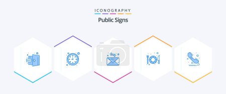 Illustration for Public Signs 25 Blue icon pack including telephone. public. mail. phone. restaurant - Royalty Free Image