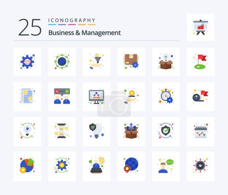 Téléchargez les illustrations : Business And Management 25 Flat Color icon pack including idea. box. filter. gear. package - en licence libre de droit