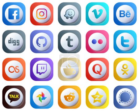 Illustration for 20 Cute Modern 3D Gradient Social Media Icons such as lastfm. twitter. video. yahoo and tumblr icons. Fully Editable and Modern - Royalty Free Image