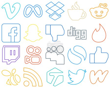 Ilustración de 20 High-resolution and customizable Colourful Outline Social Media Icons such as twitch. digg. reddit. facebook and snapchat Professional and clean - Imagen libre de derechos