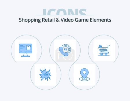 Illustration for Shoping Retail And Video Game Elements Blue Icon Pack 5 Icon Design. shopping. trolly. computer . ringing. telephone - Royalty Free Image