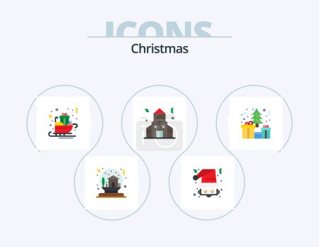 Téléchargez les illustrations : Christmas Flat Icon Pack 5 Icon Design. tree. christmas. santa-claus. building. sled - en licence libre de droit