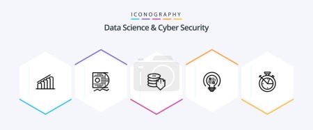 Illustration for Data Science And Cyber Security 25 Line icon pack including time. bulb. shield. light. data - Royalty Free Image