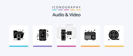 Illustration for Audio And Video Glyph 5 Icon Pack Including movie reel. recorder. video. radio. video camera. Creative Icons Design - Royalty Free Image
