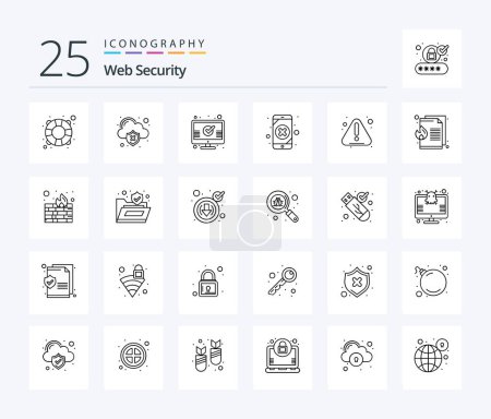 Illustration for Web Security 25 Line icon pack including error. loss. check. leak. mobile data - Royalty Free Image