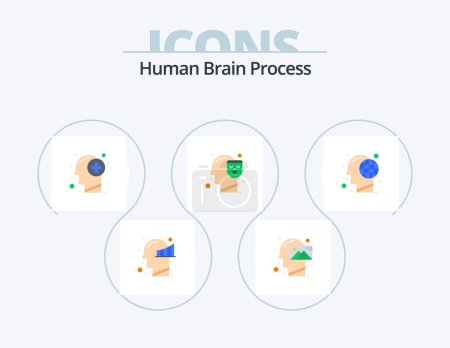 Téléchargez les illustrations : Human Brain Process Flat Icon Pack 5 Icon Design. face. mind. vision. human. mind - en licence libre de droit
