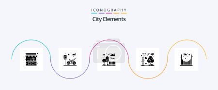 Téléchargez les illustrations : City Elements Glyph 5 Icon Pack Including parks. recreation. building. park. street light - en licence libre de droit