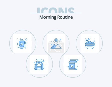 Ilustración de Morning Routine Blue Icon Pack 5 Icon Design. mountain. sunset. bottle. sunrise. coffee - Imagen libre de derechos
