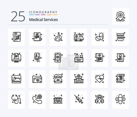 Illustration for Medical Services 25 Line icon pack including drugs. tablet. wheel. pills. medical - Royalty Free Image