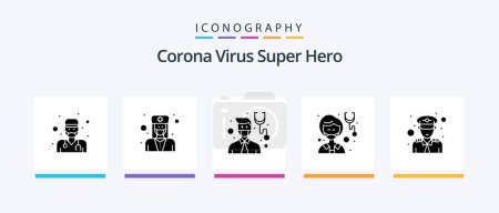 Illustration for Corona Virus Super Hero Glyph 5 Icon Pack Including security. man. doctor. woman. medicine. Creative Icons Design - Royalty Free Image