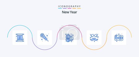 Illustration for New Year Blue 5 Icon Pack Including photography. camera. lantern. glasses and mustaches. funny - Royalty Free Image