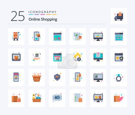 Téléchargez les illustrations : Online Shopping 25 Flat Color icon pack including profile. online order. discount. purchase. mobile - en licence libre de droit