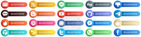 Illustration for Follow me Social Network Platform Card Style Icon Set 20 icons such as telegram. facebook. github and youtube icons. High resolution and editable - Royalty Free Image