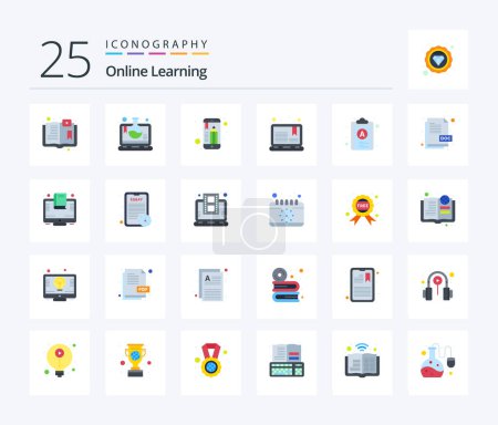 Téléchargez les illustrations : Online Learning 25 Flat Color icon pack including check list. note. educational app. learning. course - en licence libre de droit