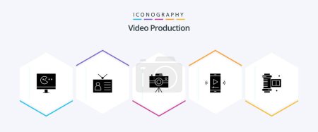 Illustration for Video Production 25 Glyph icon pack including video player. movie screen. vintage. film. professional camera - Royalty Free Image