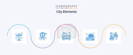 Téléchargez les illustrations : City Elements Blue 5 Icon Pack Including chair lift. cable car. gate. train. electric - en licence libre de droit