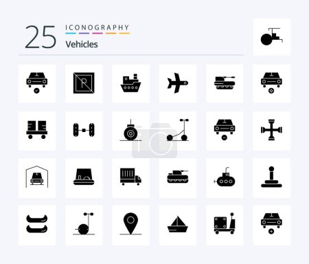 Téléchargez les illustrations : Vehicles 25 Solid Glyph icon pack including cannon. transport. not. takeoff. vessel - en licence libre de droit