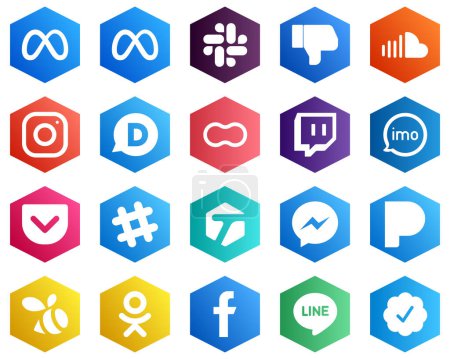 Illustration for 25 Versatile White Icons such as audio. twitch. instagram. women and peanut icons. Hexagon Flat Color Backgrounds - Royalty Free Image