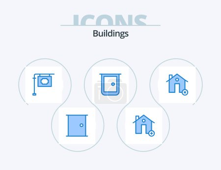 Téléchargez les illustrations : Buildings Blue Icon Pack 5 Icon Design. home gate. gate. house. door. street - en licence libre de droit
