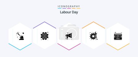 Téléchargez les illustrations : Labour Day 25 Glyph icon pack including day. calendar. labour. repair. gear - en licence libre de droit