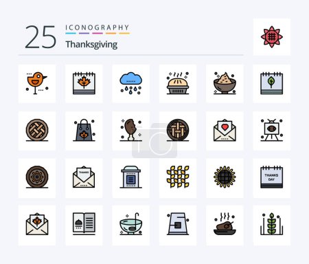 Téléchargez les illustrations : Thanksgiving 25 Line Filled icon pack including pumpkin pie. holiday. leaf. dinner. thanksgiving - en licence libre de droit