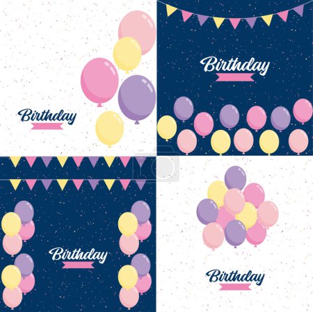 Illustration for Elegant golden. blue. silver. and white balloon and cloth bunting party popper ribbonHappy Birthday celebration card banner template - Royalty Free Image