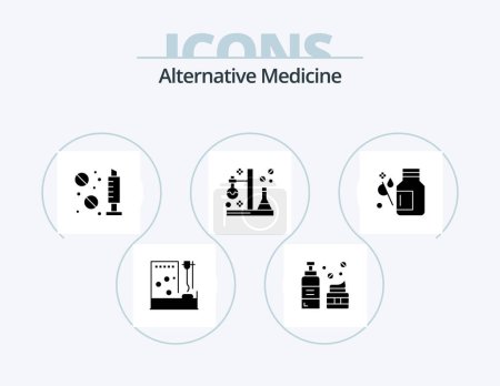Illustration for Alternative Medicine Glyph Icon Pack 5 Icon Design. tube. science. skincare. flask. syringe - Royalty Free Image
