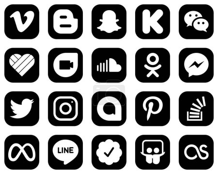 Téléchargez les illustrations : 20 Minimalist White Social Media Icons on Black Background such as fb. messenger. messenger. odnoklassniki and sound icons. Versatile and premium - en licence libre de droit