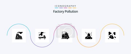 Téléchargez les illustrations : Factory Pollution Glyph 5 Icon Pack Including smoke. garbage. pollution. fire. pollution - en licence libre de droit