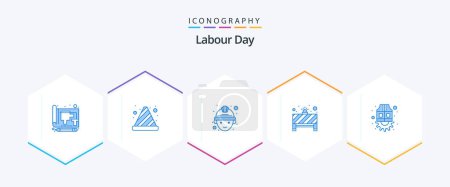 Téléchargez les illustrations : Labour Day 25 Blue icon pack including labor. red light. traffic cone. stop. board - en licence libre de droit