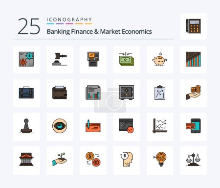 Illustration for Banking Finance And Market Economics 25 Line Filled icon pack including cash. atm. action. legal. hammer - Royalty Free Image