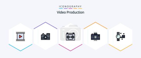 Illustration for Video Production 25 FilledLine icon pack including photography. antique camera. retro camera. sound recording. digital audio - Royalty Free Image