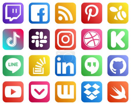 Illustration for 20 Professional Social Media Icons such as dribbble. meta. tiktok and instagram icons. Minimalist and professional - Royalty Free Image
