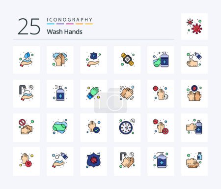 Illustration for Wash Hands 25 Line Filled icon pack including sanitizer. soap. protect hands. washing. seconds - Royalty Free Image