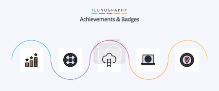 Téléchargez les illustrations : Achievements and Badges Line Filled Flat 5 Icon Pack Including location. laptop. career. favorite. prize - en licence libre de droit