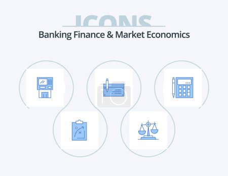 Ilustración de Banking Finance And Market Economics Blue Icon Pack 5 Icon Design. cash. atm. court. scales. legal - Imagen libre de derechos