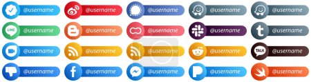 Ilustración de 20 Stylish Follow me Social Network Platform Card Style Icons such as google duo. slack. waze. women and peanut icons. Minimalist and customizable - Imagen libre de derechos