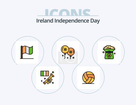 Téléchargez les illustrations : Ireland Independence Day Line Filled Icon Pack 5 Icon Design. hat. coin. patricks. clover. glass - en licence libre de droit